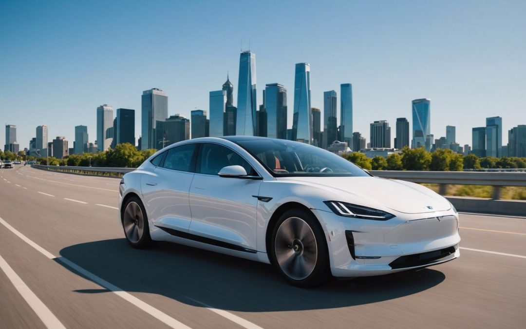 Electric car driving autonomously on highway with city skyline and clear skies in the background.